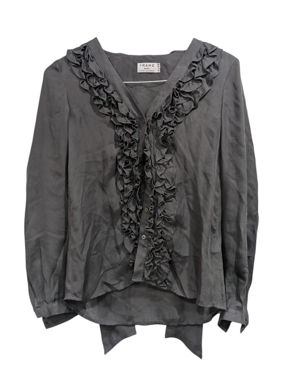 FRAME Smoke Grey Silk Chiffon Ruffle Button Down 100% Silk Shirt